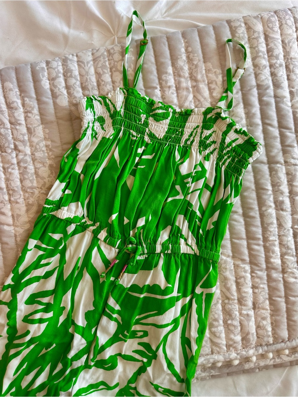 Kids Lilly Pulitzer Green and White Smocked Wide Leg Jumpsuit